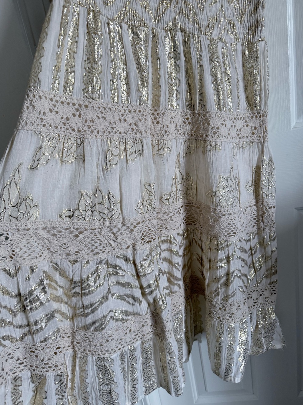 NWT Stunning Shimmery Cream and Gold Lace Metallic Embroidered Boho Midi Dress - Picture 6 of 15